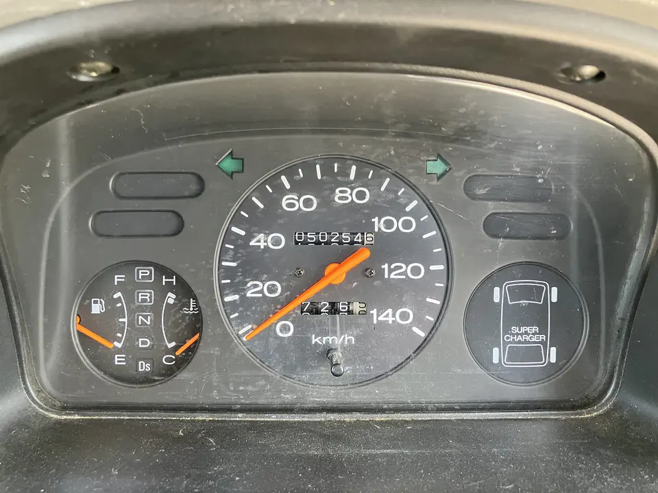 Subaru Sambar gauge cluster in km/h with the supercharger and 4WD indicator lights