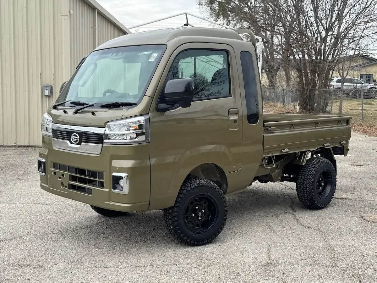 2026 Daihatsu Hijet Jumbo-Farming Package, a khaki green off-road Kei Truck, for sale at Weatherford Mini Trucks in Weatherford, TX (photo 2 of 10)
