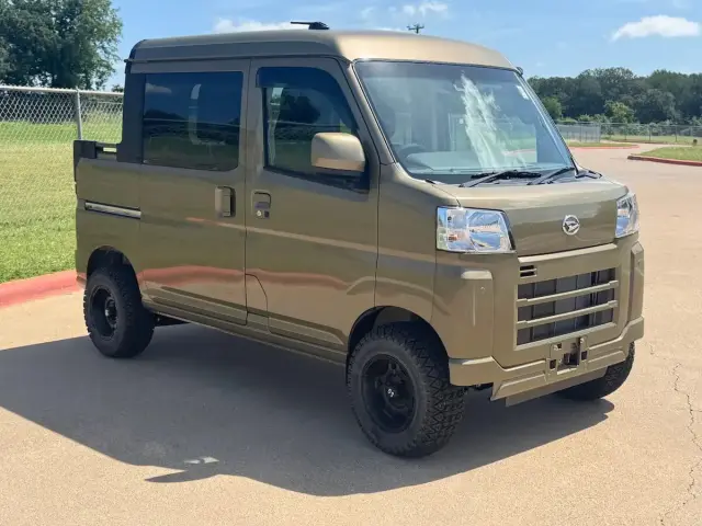 2026 Daihatsu Hijet Deck Van, a khaki green off-road Kei Truck, for sale at Weatherford Mini Trucks in Weatherford, TX
