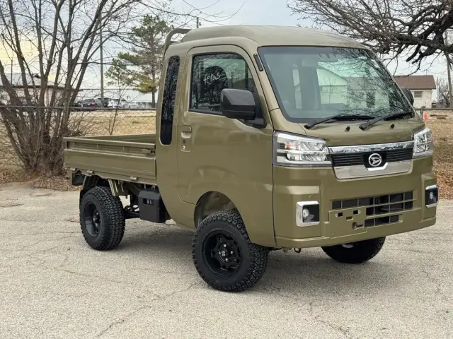 2026 Daihatsu Hijet Jumbo Cab Farming Package, a khaki green off-road Kei Truck, for sale at Weatherford Mini Trucks in Weatherford, TX